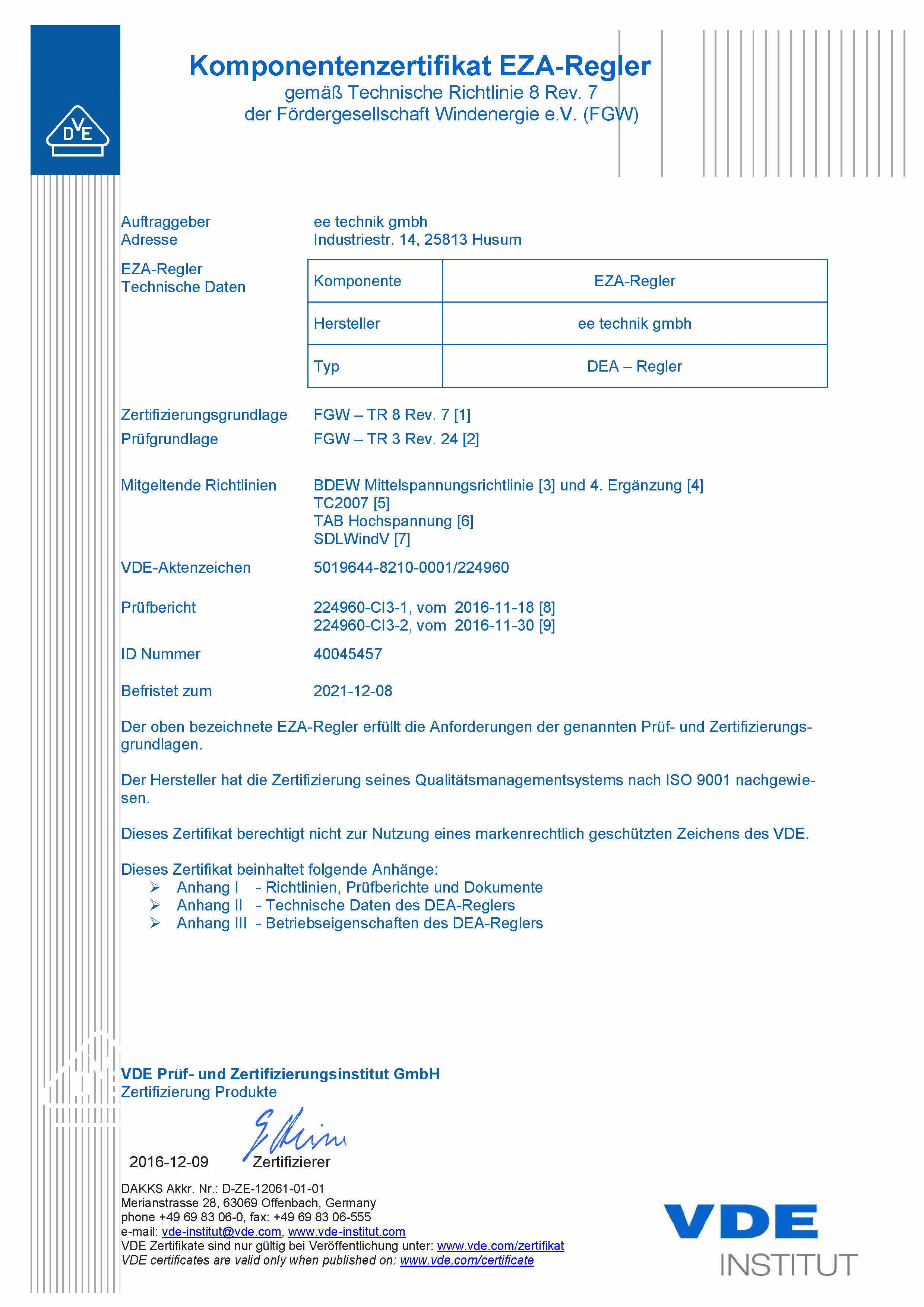 Komponentenzertifikat für unsere Kunden – ee technik gmbh